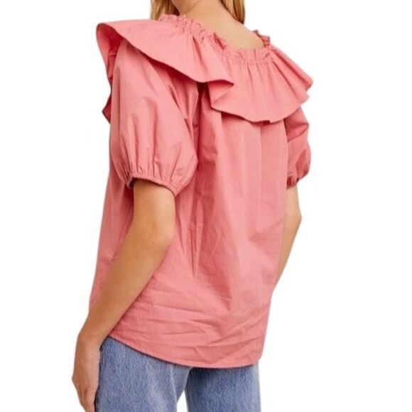 Listicle Blouse Size Medium Ruffle Neck Short Sleeve Pink Cotton Feminine Chic - Picture 2 of 9